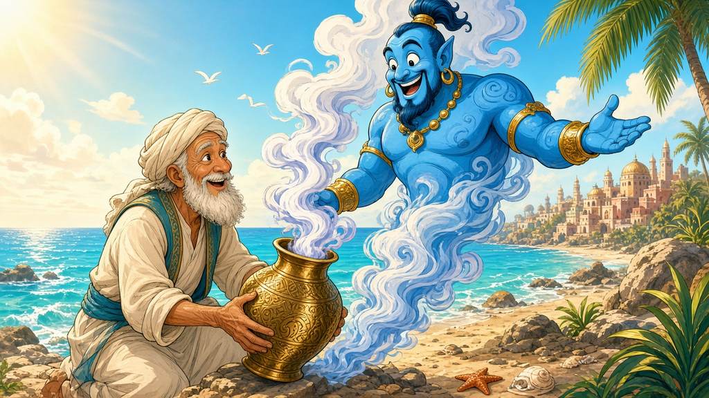 A fisherman opening a brass jar on the beach as a friendly jinni rises in smoke