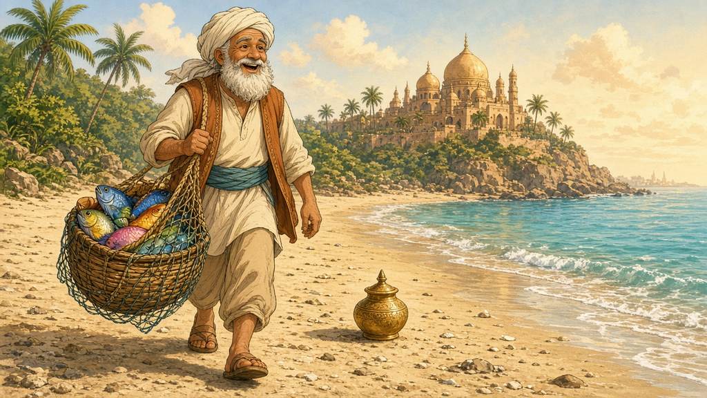 A happy fisherman walking home along the shore carrying his basket of fish